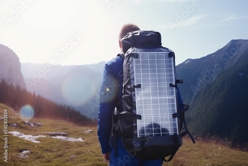 Tourist wearing hiking backpack with solar panels. Generative AI.