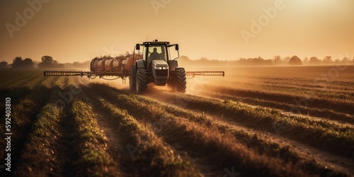Tractor sprays pesticides on corn fields. Generative AI.