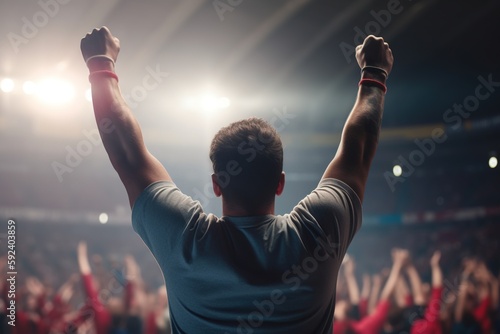 Man celebrating victory in crowd watching sport game. Generative AI.