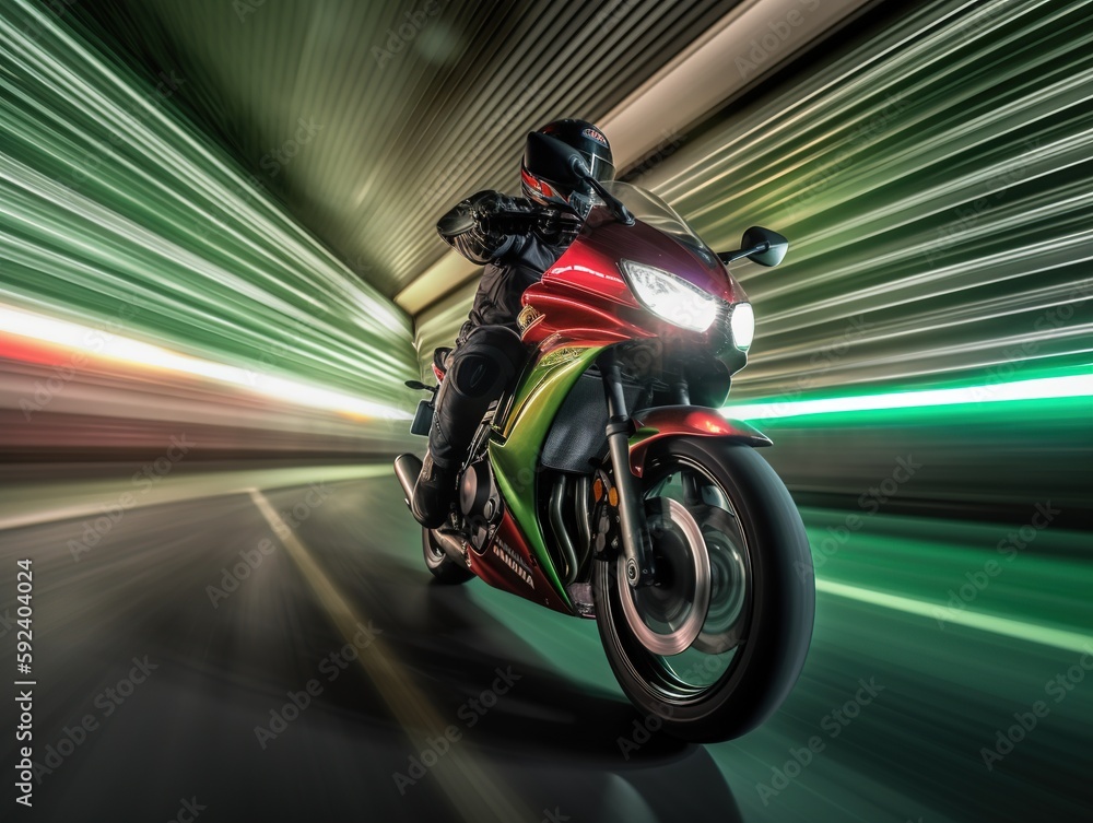 Driving a sports bike, visible speed. Generative AI.