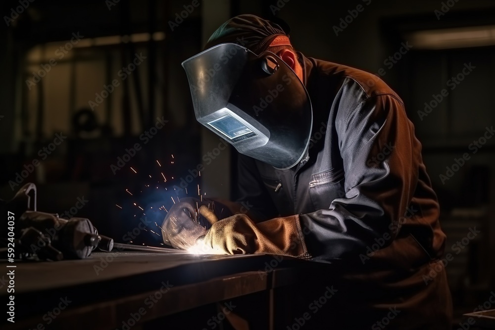 Welder in the metallurgical industry performing welding in his workshop. Generative AI. Welder in the metallurgical industry performing welding in his workshop. Generative AI.