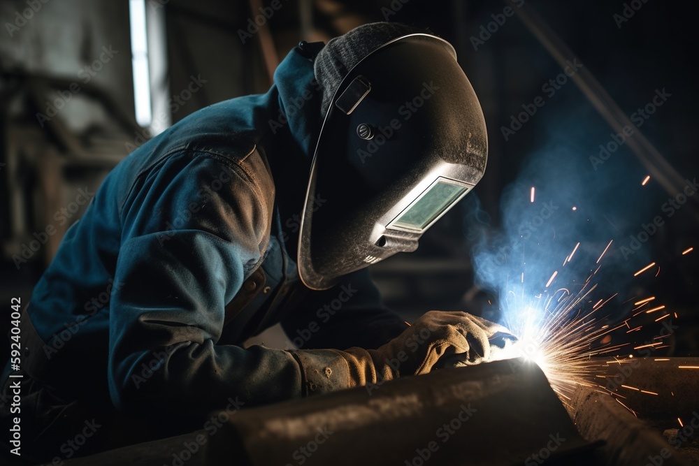 Welder in the metallurgical industry performing welding in his workshop. Generative AI. Welder in the metallurgical industry performing welding in his workshop. Generative AI.