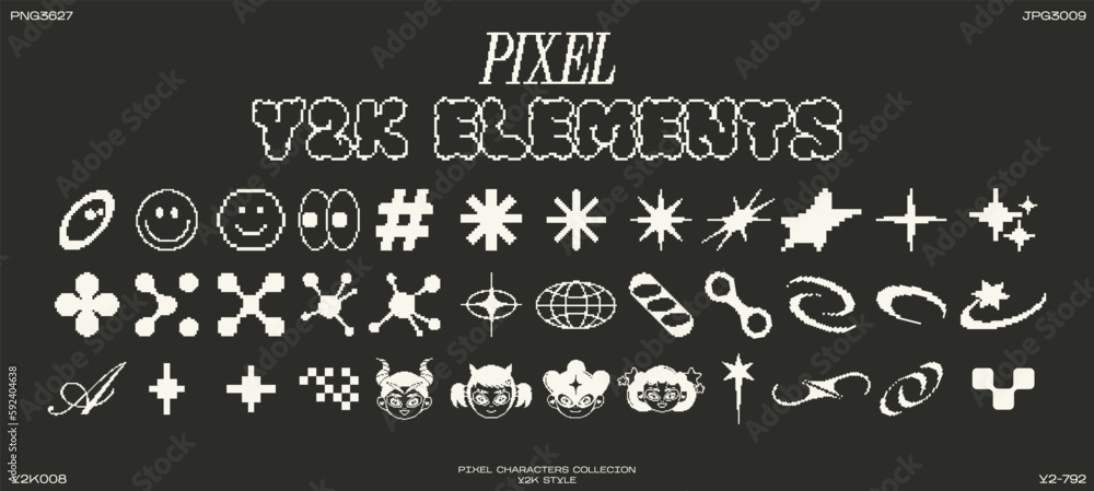 Retro futuristic elements for design. Big collection of abstract graphic pixel geometric symbols and objects in y2k style. Templates for notes, posters, banners, stickers, business cards, logo Retro futuristic elements for design. Big collection of abstract graphic pixel geometric symbols and objects in y2k style. Templates for notes, posters, banners, stickers, business cards, logo