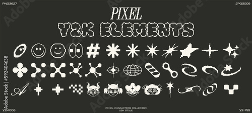 Retro futuristic elements for design. Big collection of abstract graphic pixel geometric symbols and objects in y2k style. Templates for notes, posters, banners, stickers, business cards, logo