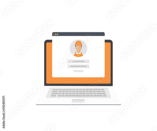 Laptop with login and password form page on screen, registration page. Sign in page, user authorization. Notebook and online login form. User profile male, man, construction, electrician vector design