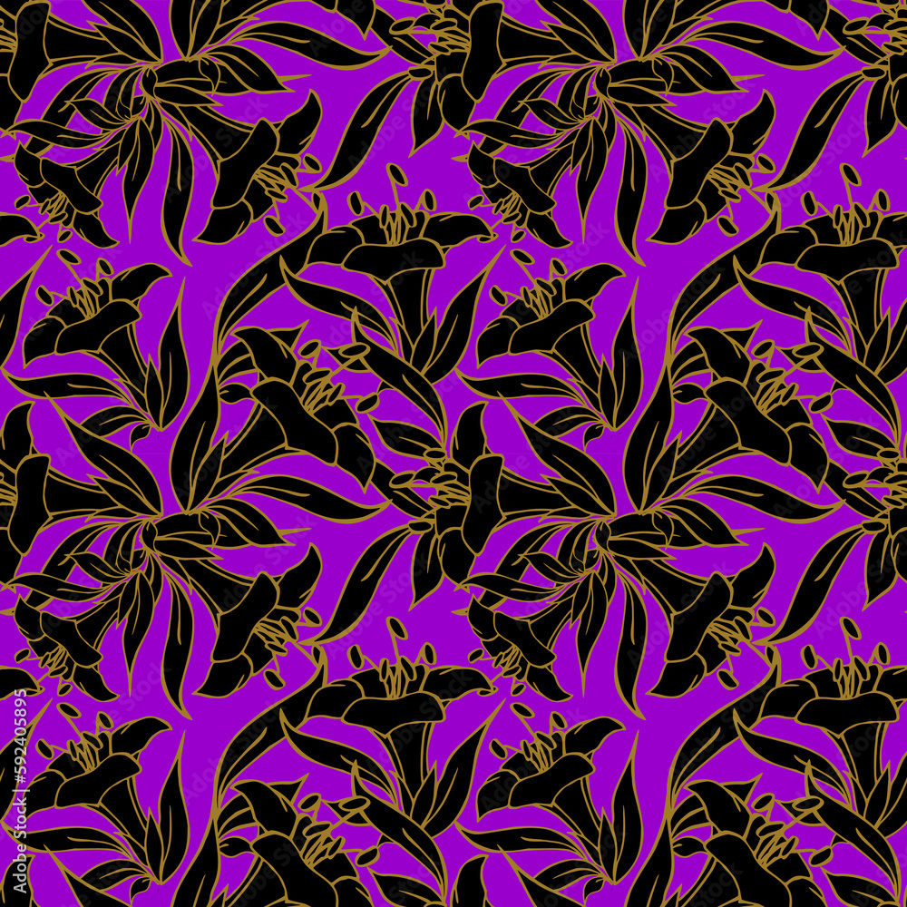 seamless pattern of large black flowers with a golden outline on a purple background, texture, design seamless pattern of large black flowers with a golden outline on a purple background, texture, design