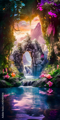 Stairway to a portal in a fantasy environment  waterfall and colorful plants  amazing cloudscape  ancient ruins  elven world - generative AI
