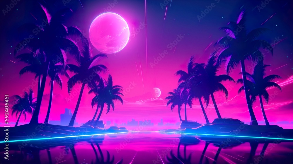 Neon night landscape with Moon, palm trees and sea. Shining neon colors. Nostalgic scene in retrowave style. Aesthetics of the 80s. Retro wallpaper. Generative AI illustration.