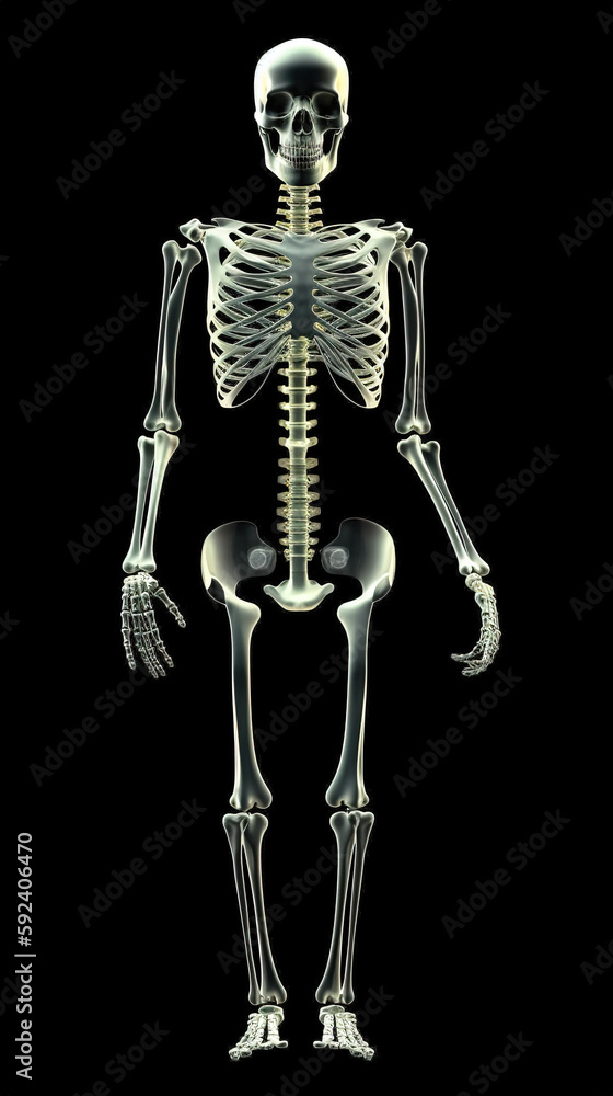 Complete human skeleton x-ray, front view, complete black x-ray with luminescent bones. Generative AI Complete human skeleton x-ray, front view, complete black x-ray with luminescent bones. Generative AI