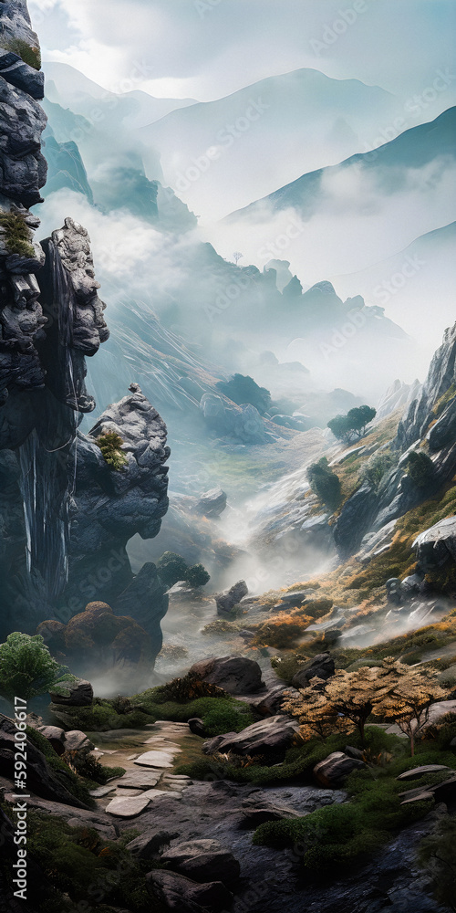 Fantasy environment with a valley and a river, trees and foliage, stunning view with mist atmosphere - generative AI