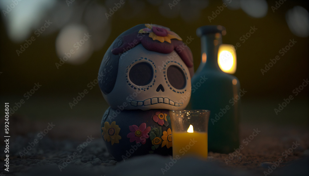 Naklejka premium Tender Dia de Muertos Figurine and Candle Scene, Generative AI