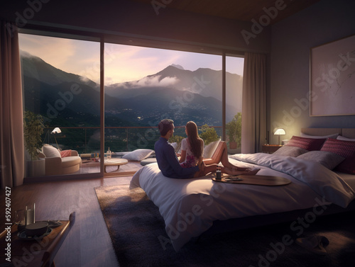 Ehepaar genießt Sonnenuntergang im Gebirge aus dem Bett 
