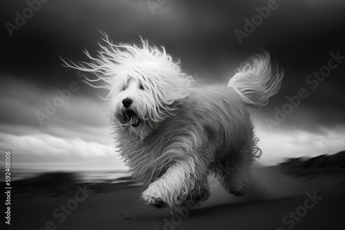 Old English Sheepdog Running on Beach - generative ai