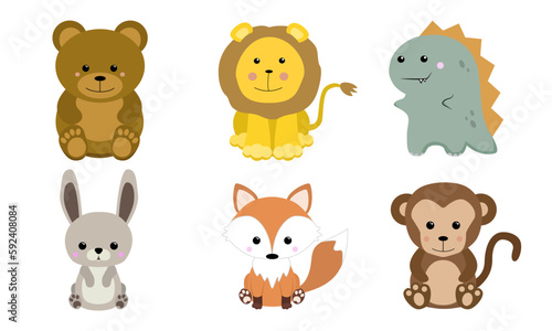 Various animals. Set of animals vector illustration. Bear, Lion, Dinosaur, Hare, Fox, Monkey.