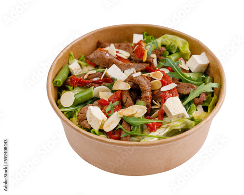 Veal and tofu salad on white background for online restaurant menu, top view 2