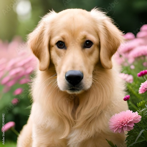 Cute Golden Retriever dog sitting among pink flowers Generative AI 
