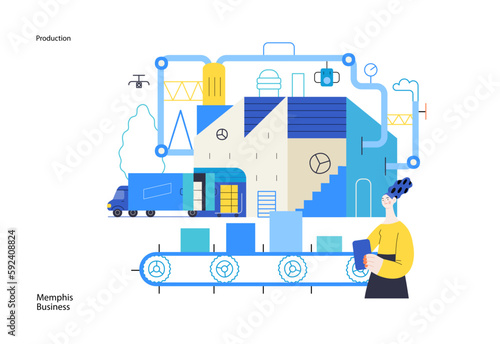 Memphis business illustration. Production -modern flat vector concept illustration of a big factory, warehouse, loading the track, a woman inventorying production. Corporate process metaphor.
