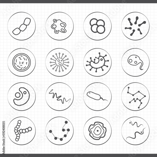 Set of microbiology bacteria icons. Microbes, microorganisms and virus cells pictograms 
