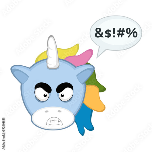 vector cartoon character illustration of a unicorn, angry expression and a speech bubble with an insult text