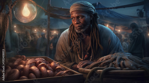 afro man behind the counter sells octopus and squid near the night sea. Created with AI.