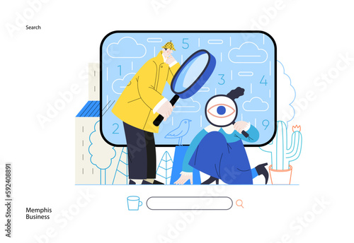Memphis business illustration. Search -modern flat vector concept illustration of digital data research on computer. Information researching interaction process Corporate business sales metaphor.