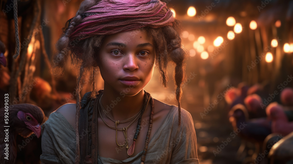 an afro woman feeds chickens in a chicken coop, a girl with a bird near the hut. Life and life of African peoples. Created with AI. an afro woman feeds chickens in a chicken coop, a girl with a bird near the hut. Life and life of African peoples. Created with AI.
