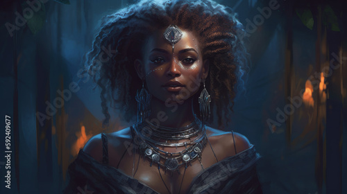 Ceremony of an Afro girl at night in beautiful decorations and drawings on her face  a ceremony of a beautiful woman from the Efik tribe. Life and life of African peoples. Created with AI.
