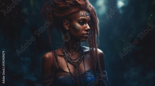 Ceremony of an Afro girl at night in beautiful decorations and drawings on her face, a ceremony of a beautiful woman from the Efik tribe. Life and life of African peoples. Created with AI.