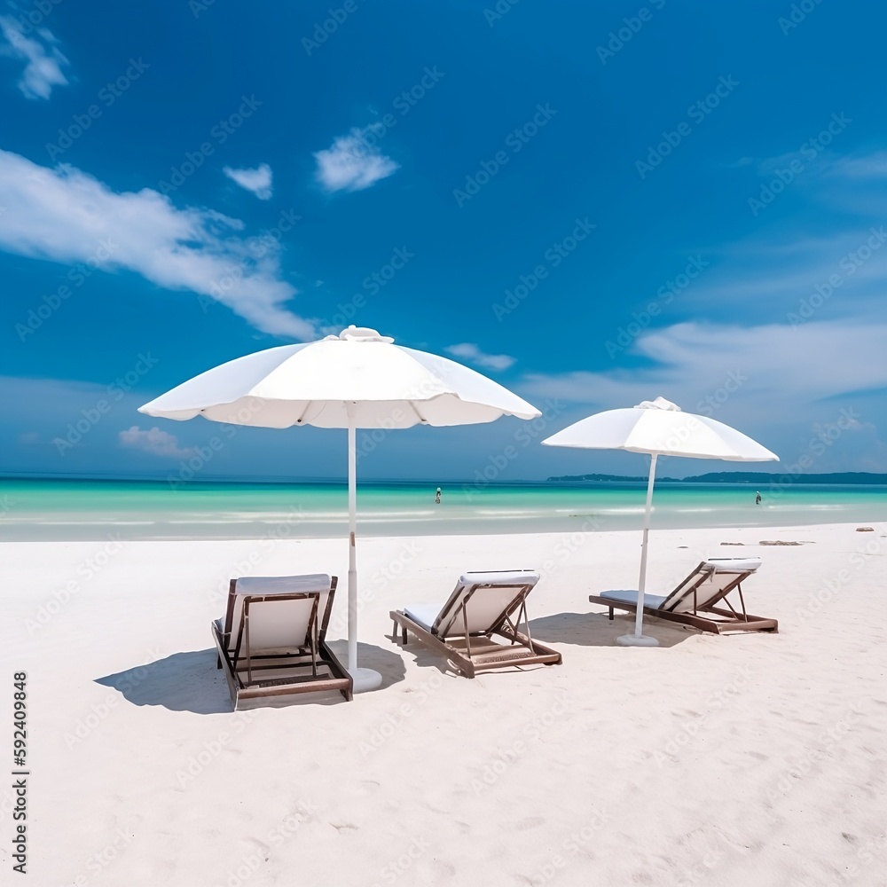 Beautiful beach banner. White sand, 3 chairs and umbrella travel tourism 