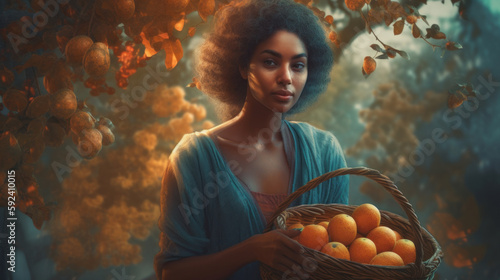 A beautiful afro girl collects oranges and tangerines in an orchard. Life and life of African peoples. Created with AI.