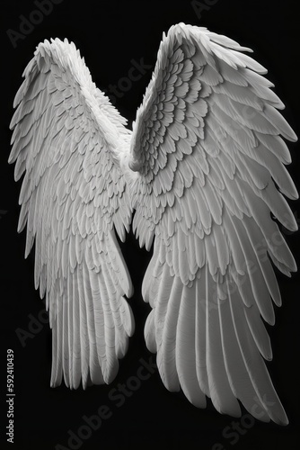 White angel wings isolated on black background, Dimensional model rendered asset, Angled side view, bird feather design natural angelic flying 