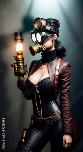 steampunk woman with gas mask, generative ai