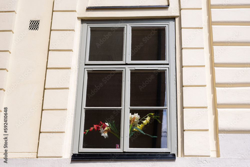 a bouquet of flowers in the window of a beautiful building