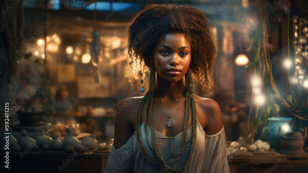 Beautiful afro girl, portrait of a brunette princess in a beautiful outfit and flower decorations. Woman at the flower market. Created with AI. Beautiful afro girl, portrait of a brunette princess in a beautiful outfit and flower decorations. Woman at the flower market. Created with AI.