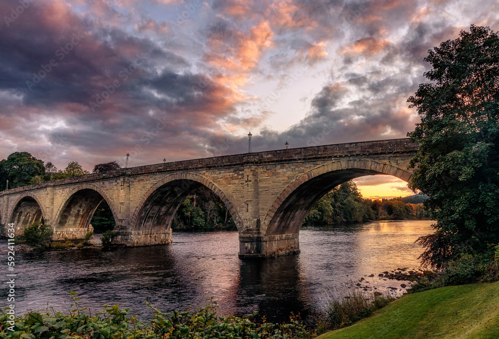 Fototapeta premium Bridge over the River Tay at dusk, Dunkeld, Perthshire North, Scotland