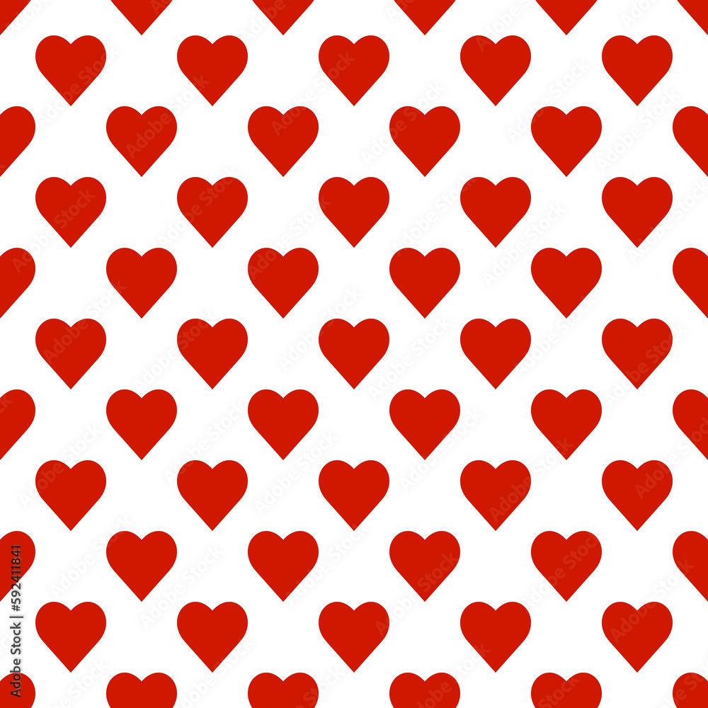 Seamless pattern of repeating rows of red hearts on a transparent background