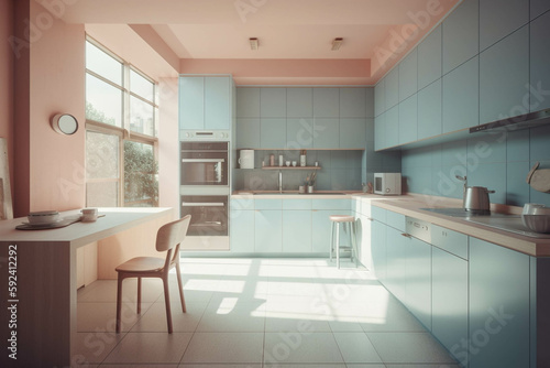 Aesthetic pastel color palette. Centered perspective. Interior Design © MadSwordfish