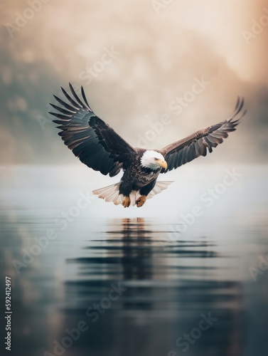 Bald eagle going to the water to catch some fish with a dreamy effect