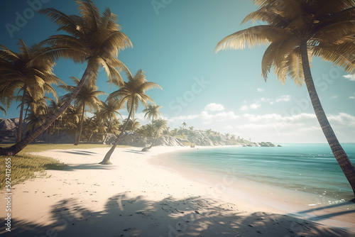 Sunny beach with palms and white sand. AI generated image