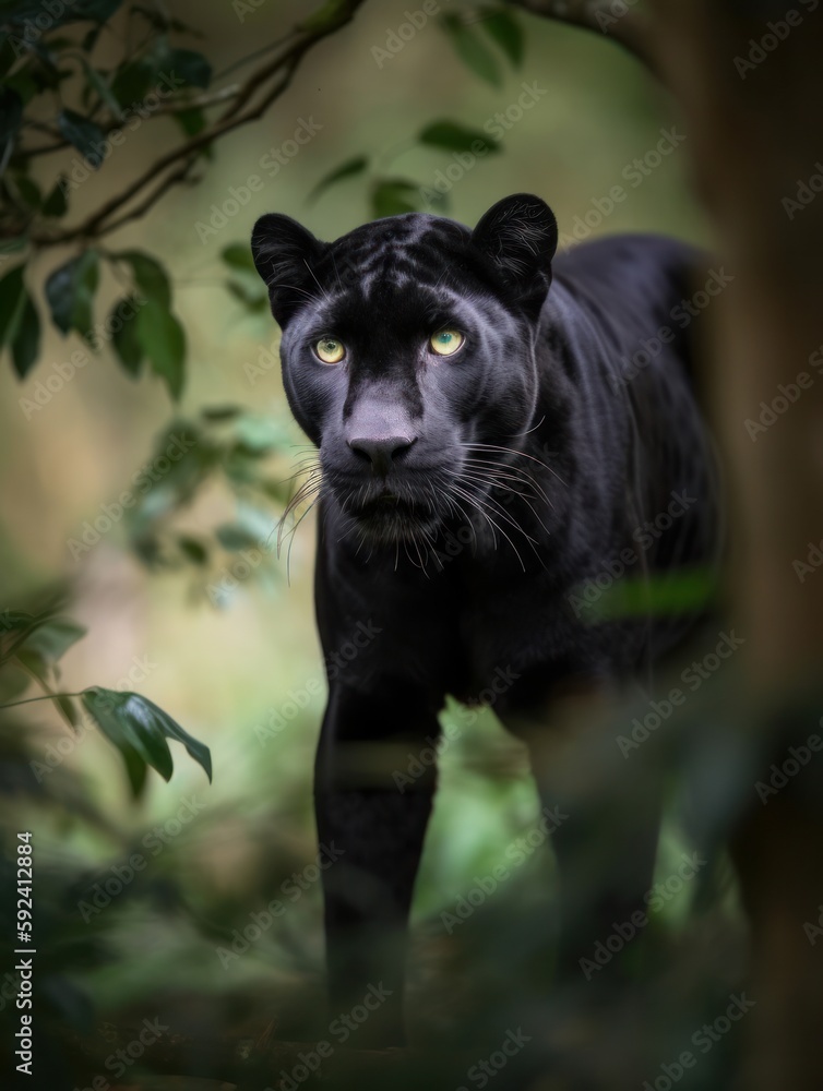 beautiful black panter walking trought the jungle generatieve ai