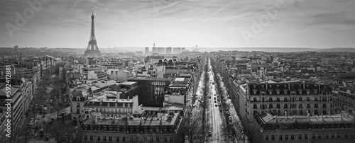 Paris cityscape black and white panorama  with view to the Eiffel Tower, France. Beautiful parisian architecture with historic buildings and landmarks © psychoshadow