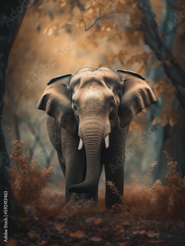 Elephant wandering trough the jungle with a mysterious dreamy vibe generatieve ai