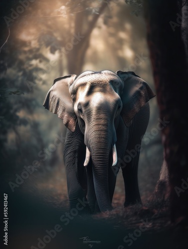 Elephant wandering trough the jungle with a mysterious dreamy vibe generatieve ai