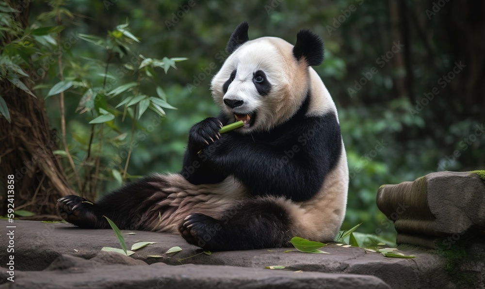 Obraz premium a panda bear sitting on top of a rock eating a leafy green leafy plant in a forest area with trees in the background. generative ai