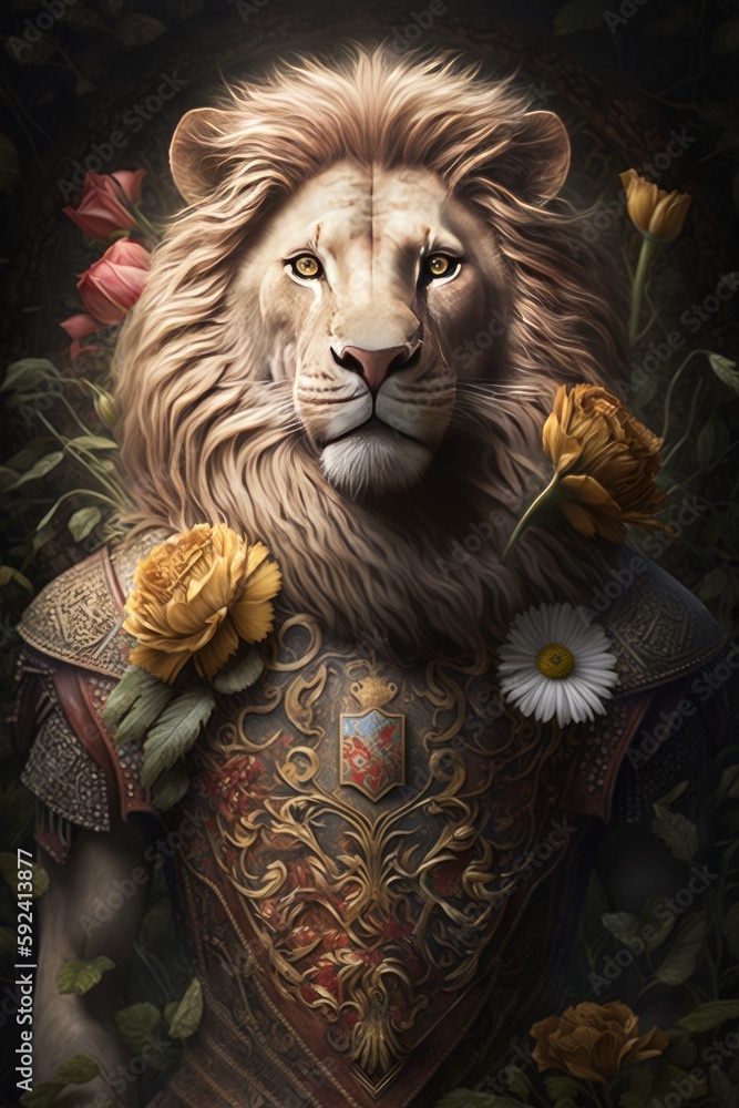 Lion Portrait ornate with Flowers, AI Generative
