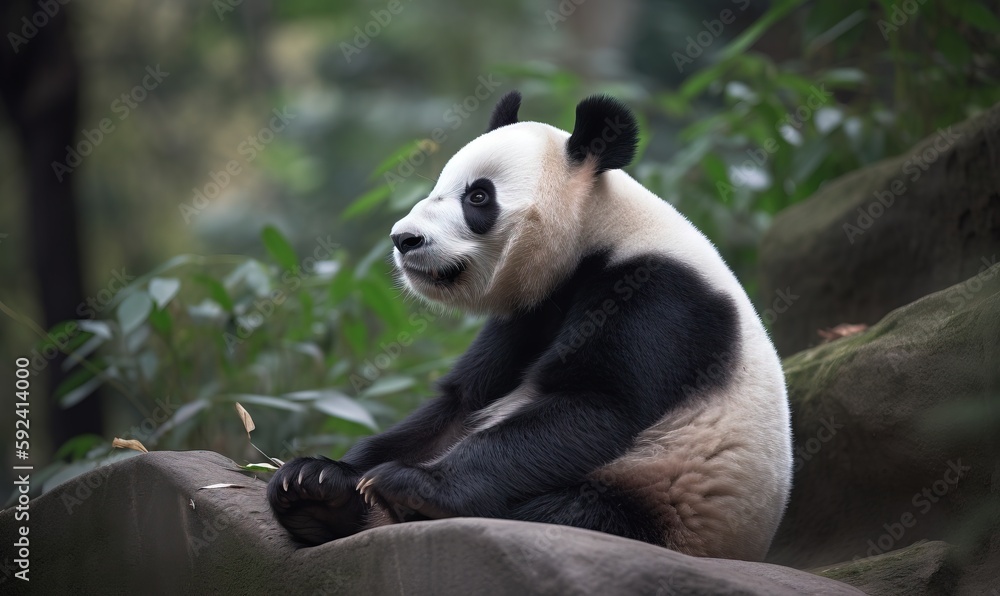 Naklejka premium a panda bear sitting on top of a rock in a forest of trees and bushes, eating bamboo, and looking at the camera, with a black and white face. generative ai