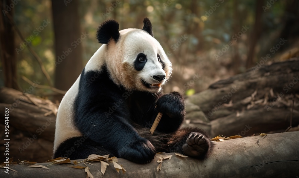 Obraz premium a panda bear sitting on top of a tree branch in a forest with lots of leaves on it's trunk and a stick in its mouth. generative ai