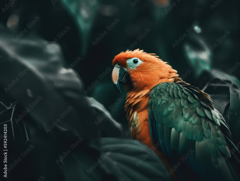 Fototapeta premium Minimalistic fine art animal portrait parrot green and orangegenerative ai