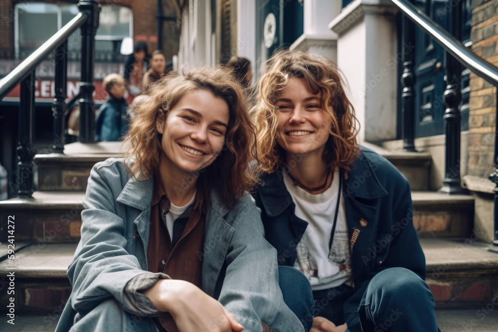 Beautiful lgtbi couple looking at camera while sitting on the steps in front of the University. Generative AI Beautiful lgtbi couple looking at camera while sitting on the steps in front of the University. Generative AI