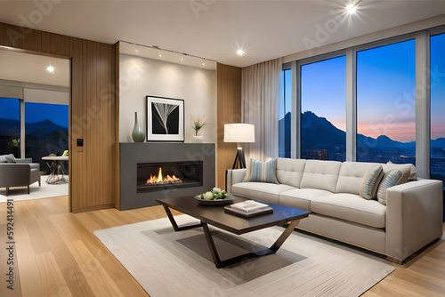 Interior design of a modern, stylish, serene, and calming living room that incorporates soft lighting, muted colors, and minimalist decor | Generative AI